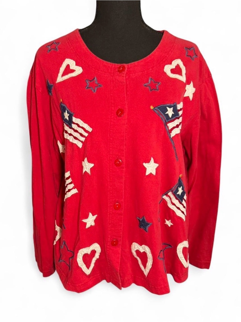 Red Patriotic Embroidered Button Cardigan